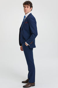 Ανδρικό κοστούμι 3 τεμαχίων σε μπλε ναυτικό χρώμα, καφέ τελείωμα, κλασικό Birdseye Vintage γάμου