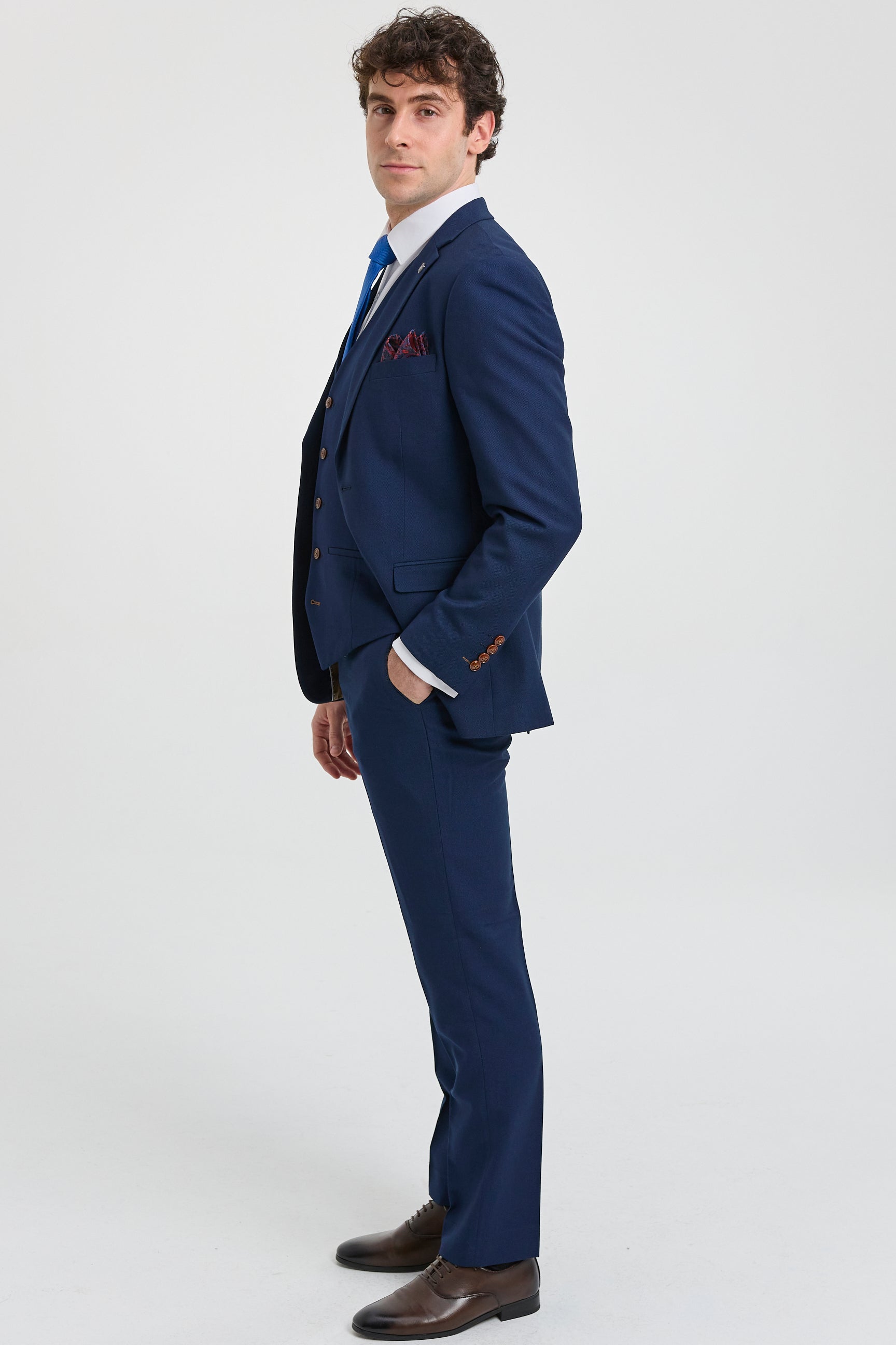 Ανδρικό κοστούμι 3 τεμαχίων σε μπλε ναυτικό χρώμα, καφέ τελείωμα, κλασικό Birdseye Vintage γάμου