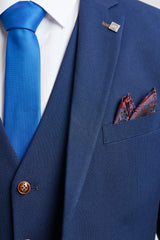 Ανδρικό κοστούμι 3 τεμαχίων σε μπλε ναυτικό χρώμα, καφέ τελείωμα, κλασικό Birdseye Vintage γάμου