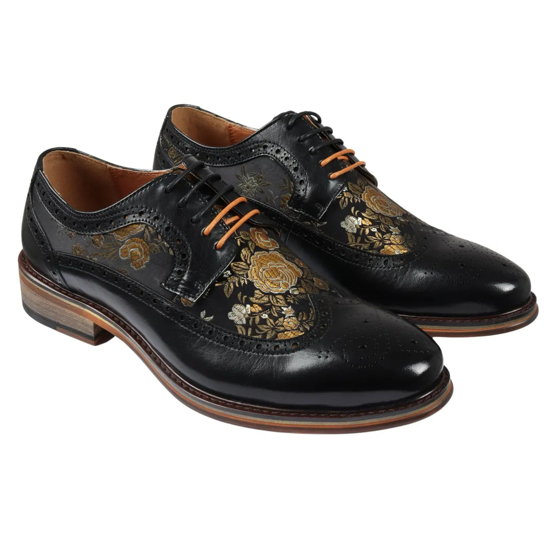 Ross - Ανδρικά Δερμάτινα Μαύρα Παπούτσια Brogue με Φλοράλ Στάμπα