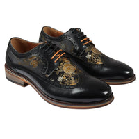 Ross - Ανδρικά Δερμάτινα Μαύρα Παπούτσια Brogue με Φλοράλ Στάμπα