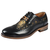 Ross - Ανδρικά Δερμάτινα Μαύρα Παπούτσια Brogue με Φλοράλ Στάμπα