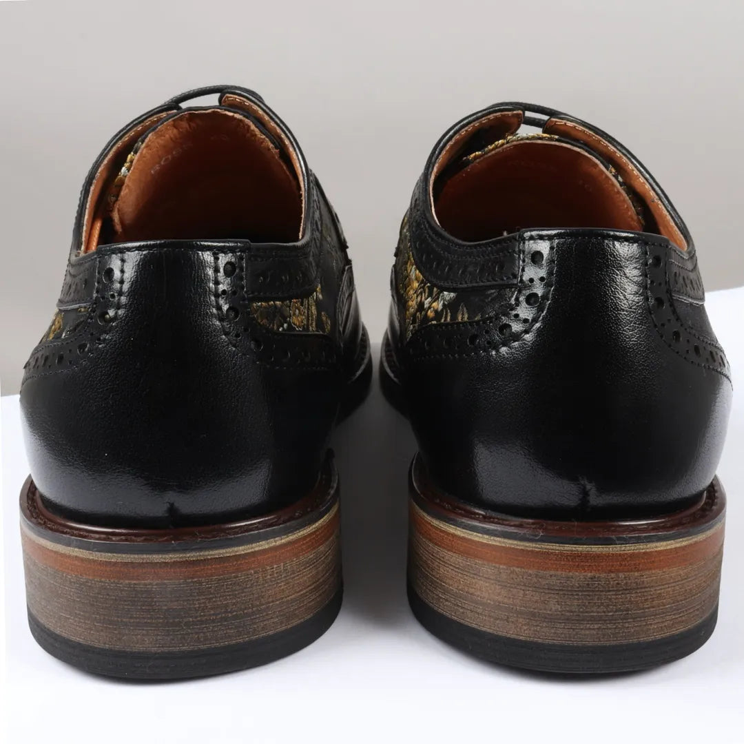 Ross - Ανδρικά Δερμάτινα Μαύρα Παπούτσια Brogue με Φλοράλ Στάμπα