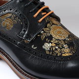 Ross - Ανδρικά Δερμάτινα Μαύρα Παπούτσια Brogue με Φλοράλ Στάμπα