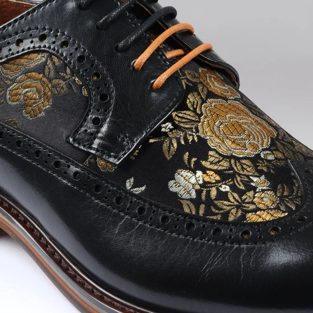 Ross - Ανδρικά Δερμάτινα Μαύρα Παπούτσια Brogue με Φλοράλ Στάμπα