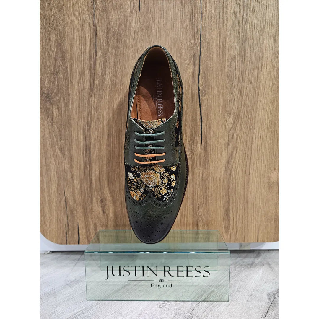 Ross - Ανδρικά Δερμάτινα Πράσινα Παπούτσια Brogue με Φλοράλ Στάμπα