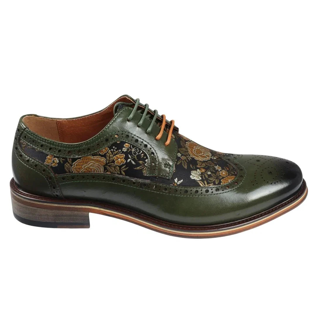 Ross - Ανδρικά Δερμάτινα Πράσινα Παπούτσια Brogue με Φλοράλ Στάμπα