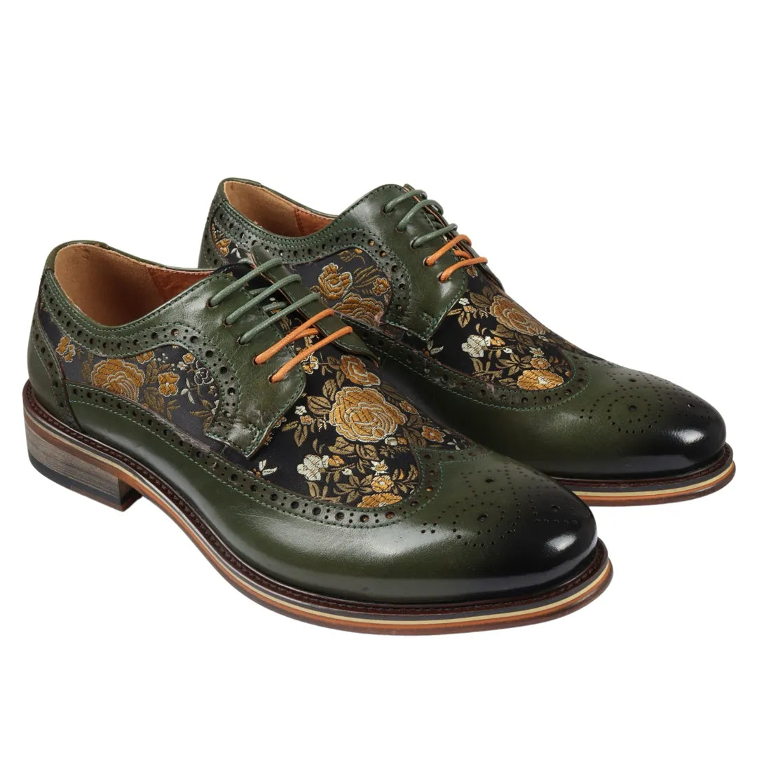 Ross - Ανδρικά Δερμάτινα Πράσινα Παπούτσια Brogue με Φλοράλ Στάμπα