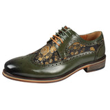 Ross - Ανδρικά Δερμάτινα Πράσινα Παπούτσια Brogue με Φλοράλ Στάμπα