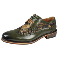 Ross - Ανδρικά Δερμάτινα Πράσινα Παπούτσια Brogue με Φλοράλ Στάμπα