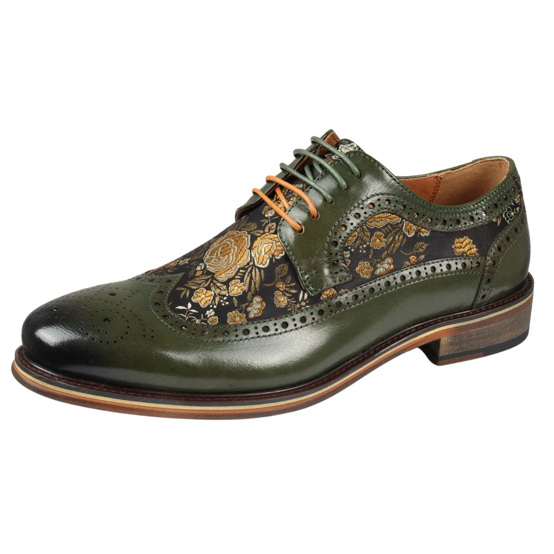 Ross - Ανδρικά Δερμάτινα Πράσινα Παπούτσια Brogue με Φλοράλ Στάμπα
