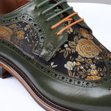 Ross - Ανδρικά Δερμάτινα Πράσινα Παπούτσια Brogue με Φλοράλ Στάμπα