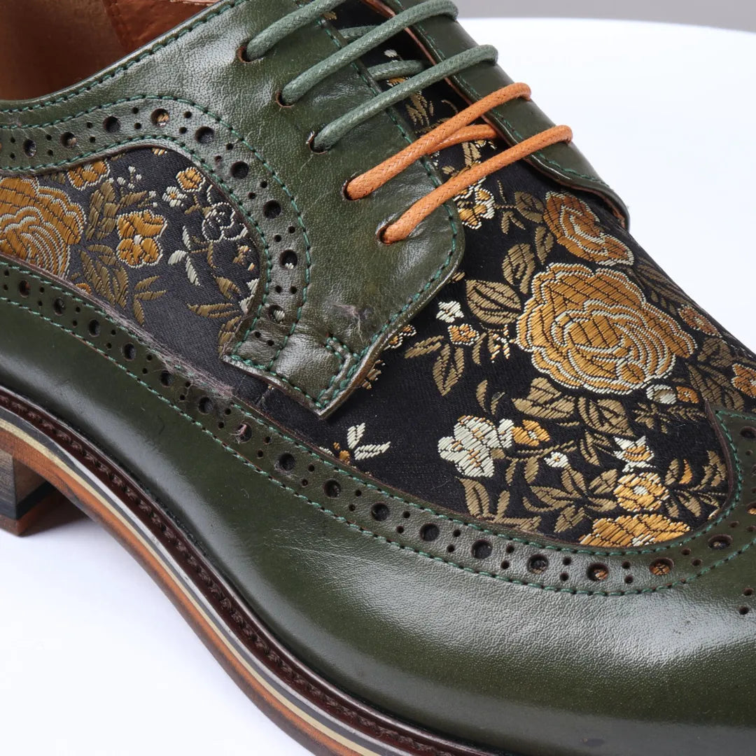 Ross - Ανδρικά Δερμάτινα Πράσινα Παπούτσια Brogue με Φλοράλ Στάμπα