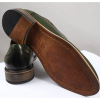 Ross - Ανδρικά Δερμάτινα Πράσινα Παπούτσια Brogue με Φλοράλ Στάμπα