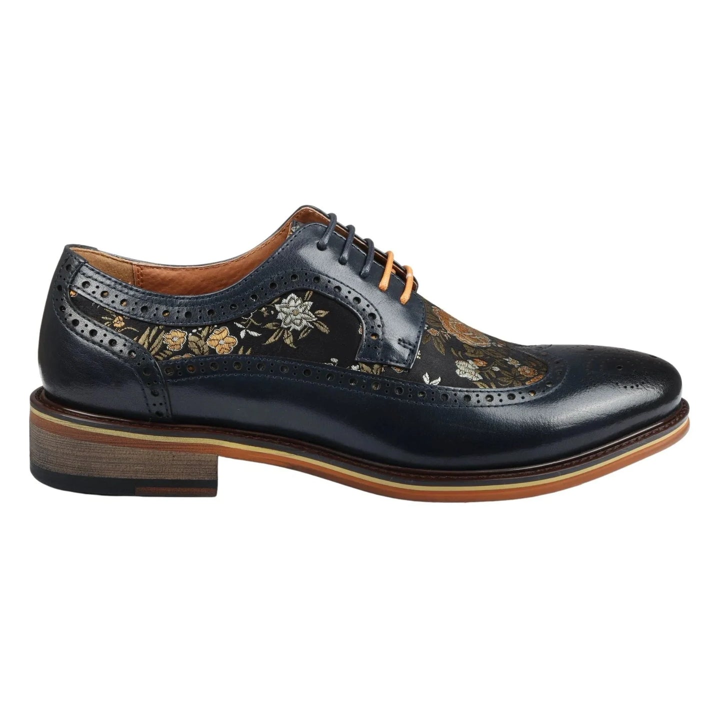 Ross - Ανδρικά Δερμάτινα Παπούτσια Brogue με Φλοράλ Στάμπα σε Ναυτικό Μπλε Σκούρο Μπλε