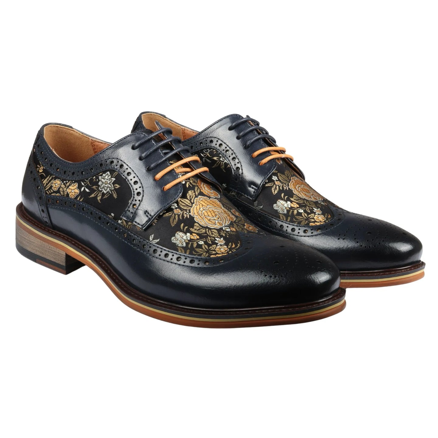 Ross - Ανδρικά Δερμάτινα Παπούτσια Brogue με Φλοράλ Στάμπα σε Ναυτικό Μπλε Σκούρο Μπλε