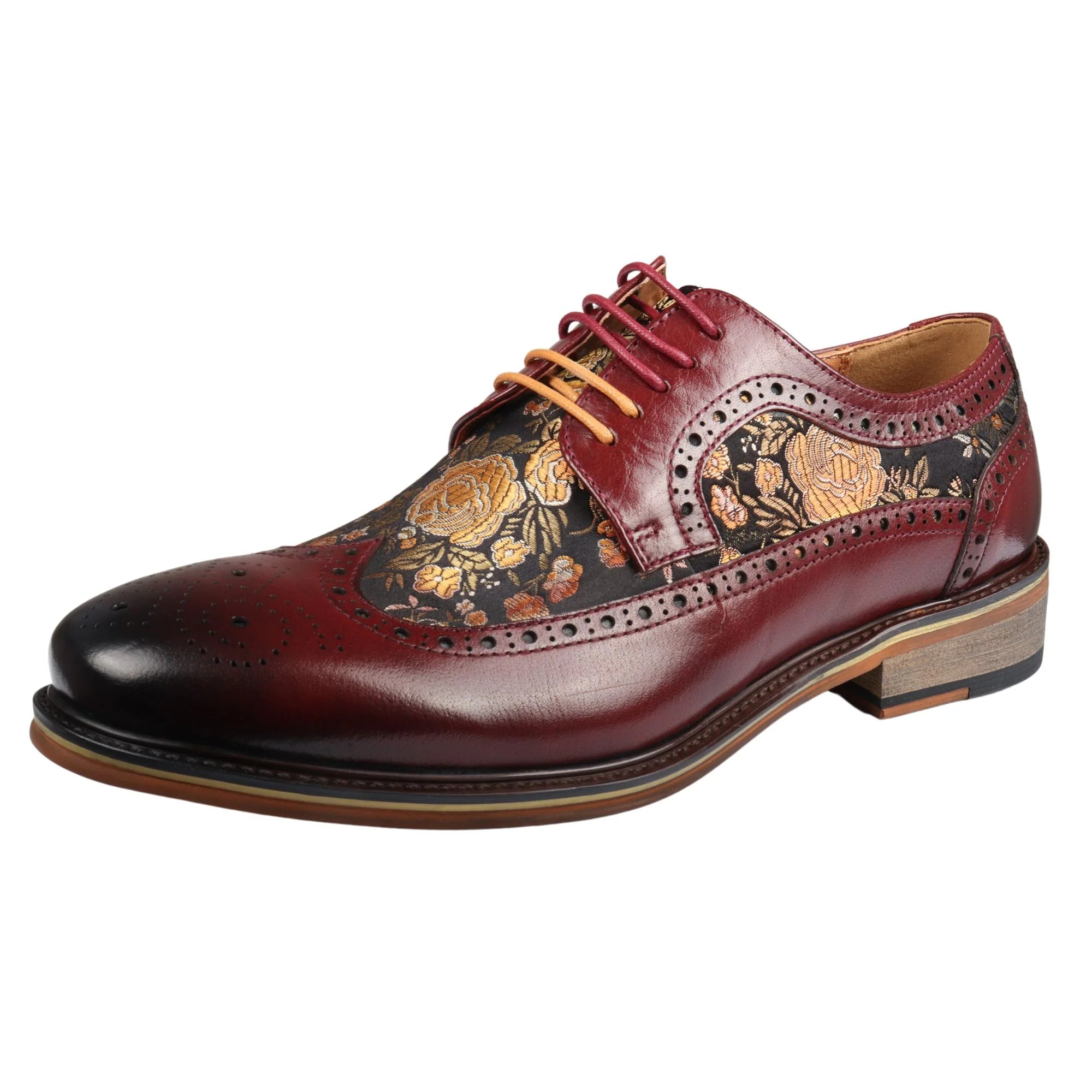 Ross - Ανδρικά Δερμάτινα Παπούτσια Brogue με Φλοράλ Στάμπα σε Κόκκινο Χρώμα