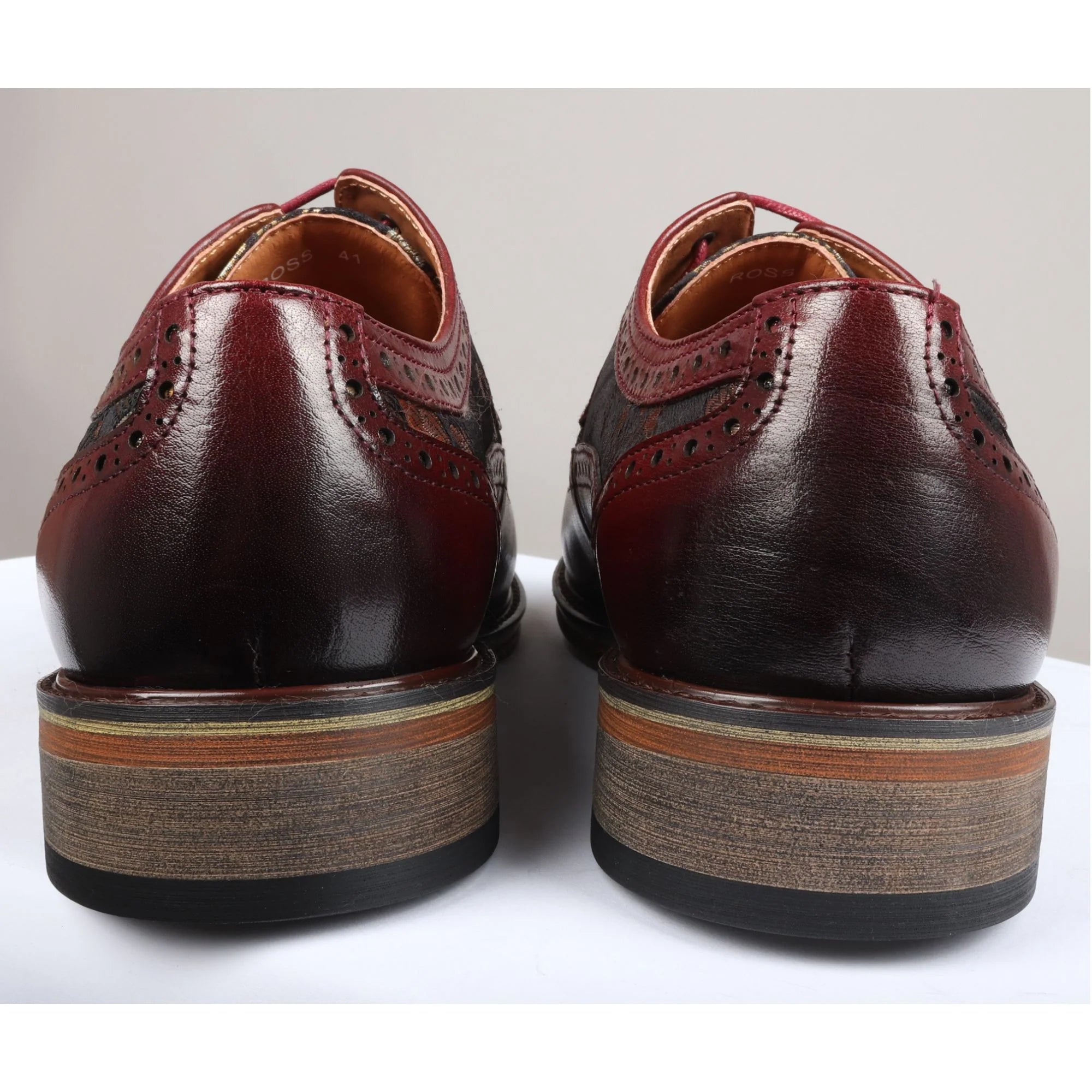 Ross - Ανδρικά Δερμάτινα Παπούτσια Brogue με Φλοράλ Στάμπα σε Κόκκινο Χρώμα
