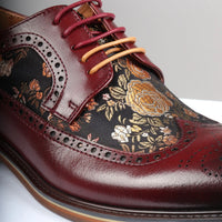 Ross - Ανδρικά Δερμάτινα Παπούτσια Brogue με Φλοράλ Στάμπα σε Κόκκινο Χρώμα