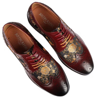 Ross - Ανδρικά Δερμάτινα Παπούτσια Brogue με Φλοράλ Στάμπα σε Κόκκινο Χρώμα