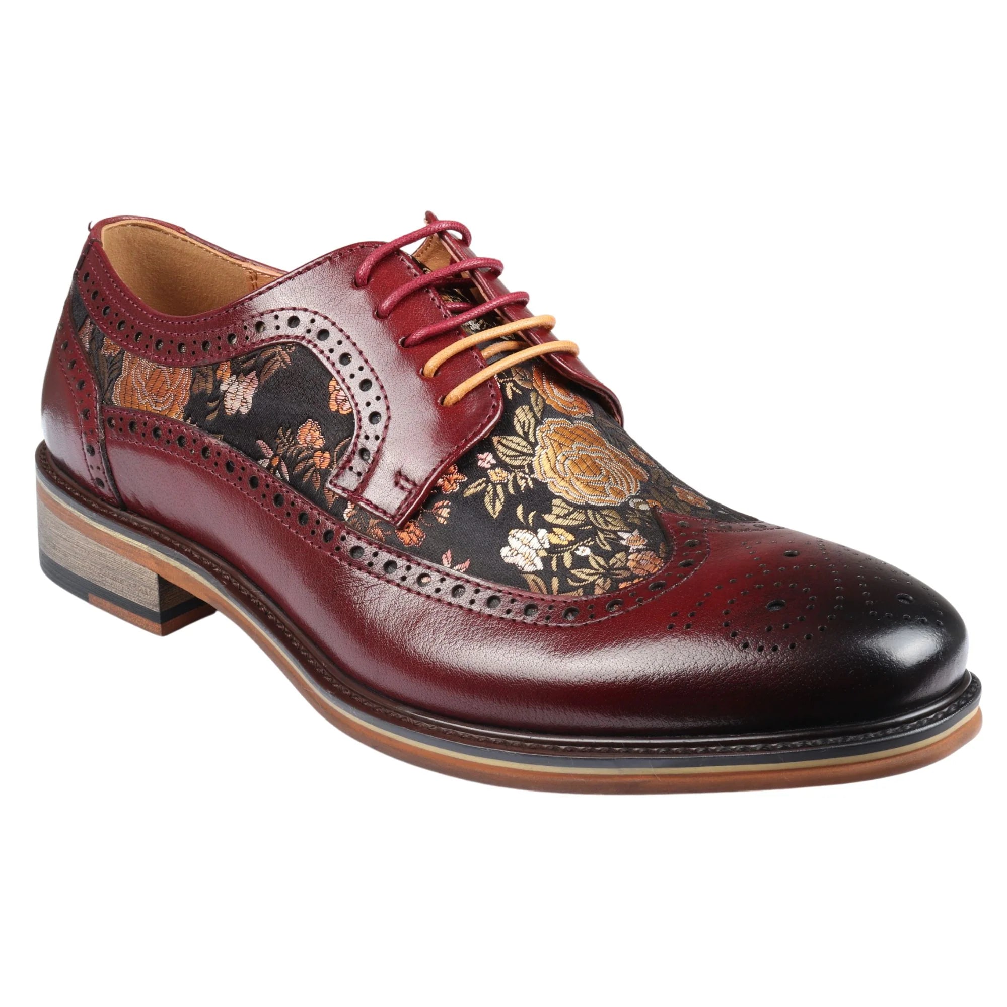 Ross - Ανδρικά Δερμάτινα Παπούτσια Brogue με Φλοράλ Στάμπα σε Κόκκινο Χρώμα