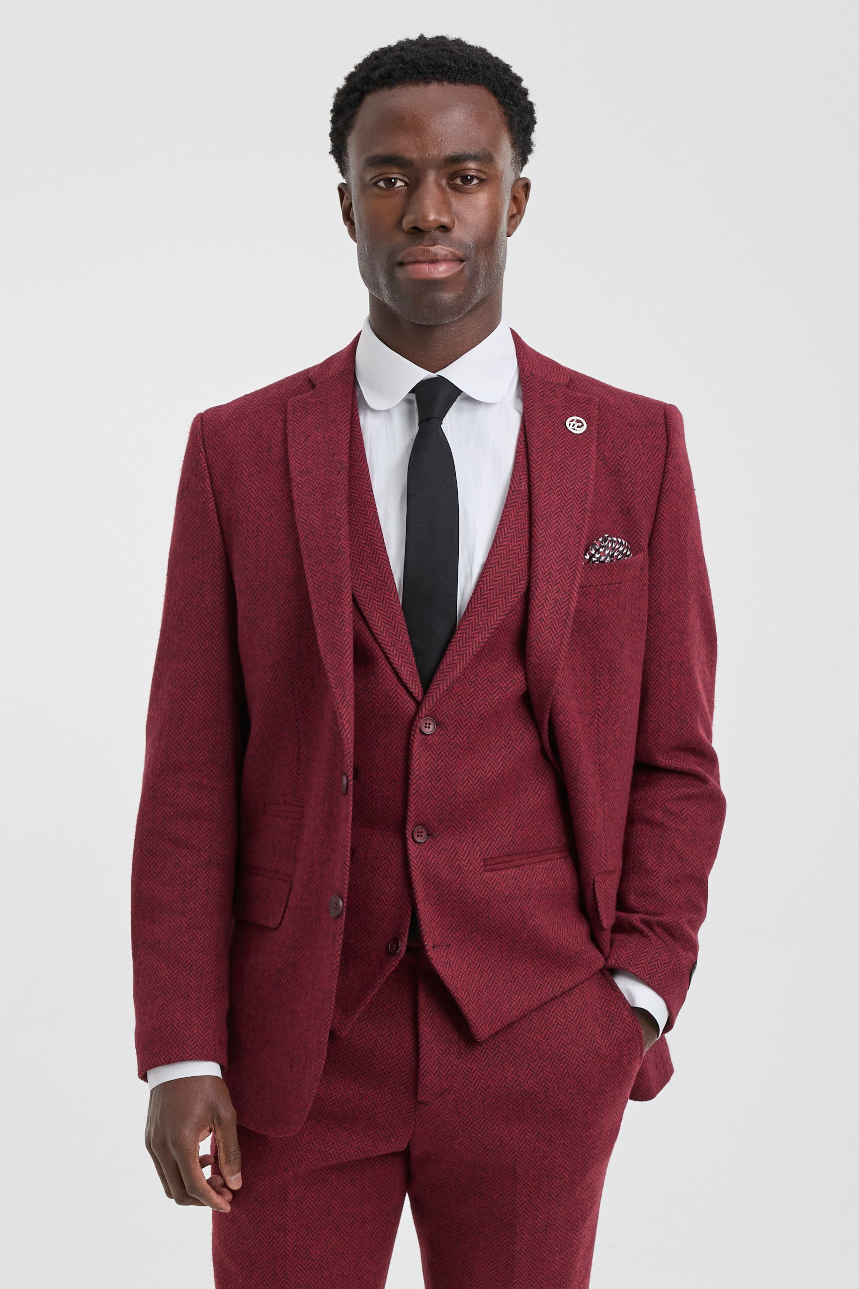 Ανδρικό κοστούμι 3 τεμαχίων από τουίντ σε χρώμα ψαροκόκαλο, καφέ-καφέ - STZ11