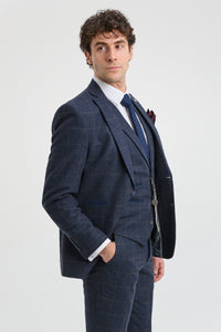 Ανδρικό κοστούμι 3 τεμαχίων από μάλλινο τουίντ, σκούρο μπλε, καφέ καρό, Gatsby της δεκαετίας του 1920