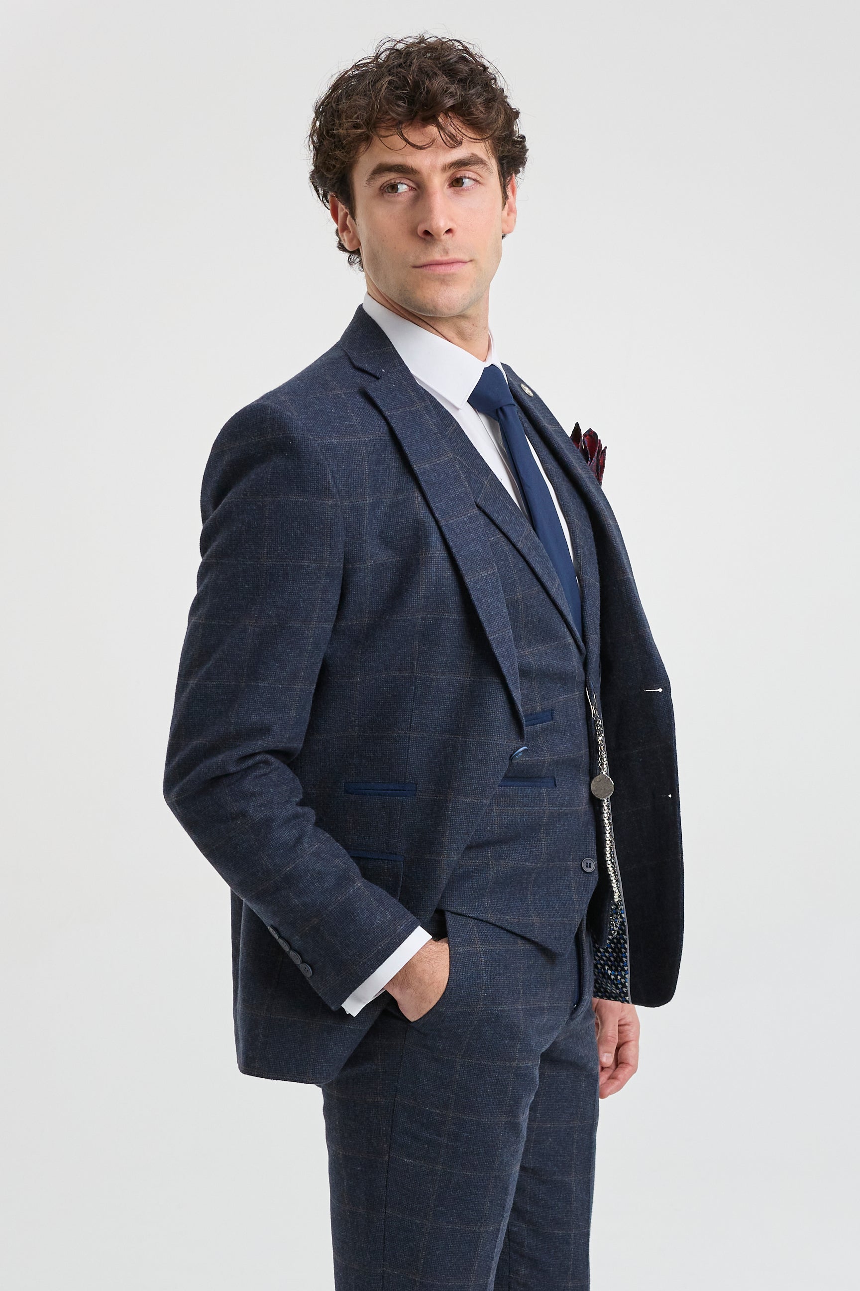 Ανδρικό κοστούμι 3 τεμαχίων από μάλλινο τουίντ, σκούρο μπλε, καφέ καρό, Gatsby της δεκαετίας του 1920