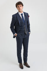 Ανδρικό κοστούμι 3 τεμαχίων από μάλλινο τουίντ, σκούρο μπλε, καφέ καρό, Gatsby της δεκαετίας του 1920