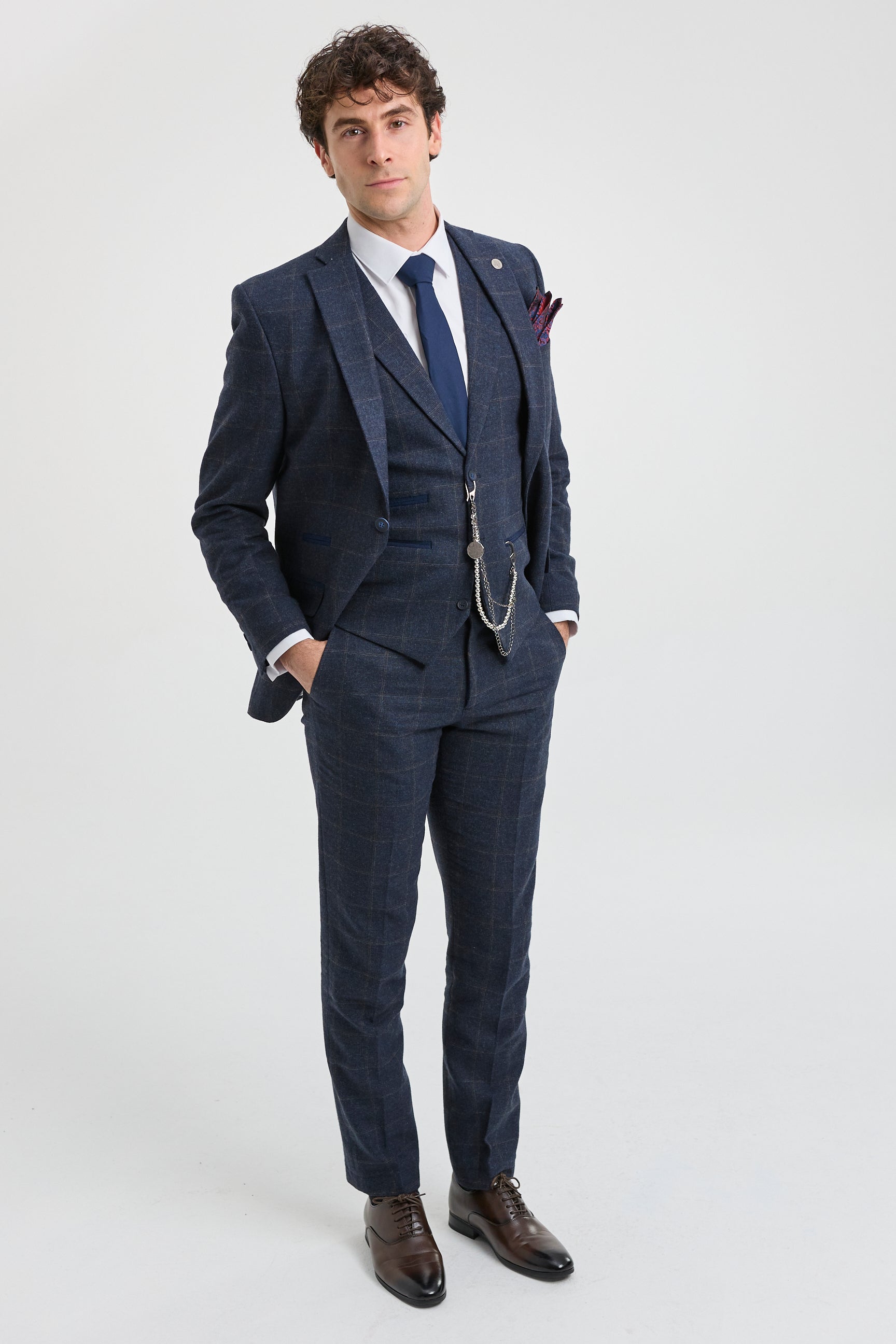 Ανδρικό κοστούμι 3 τεμαχίων από μάλλινο τουίντ, σκούρο μπλε, καφέ καρό, Gatsby της δεκαετίας του 1920