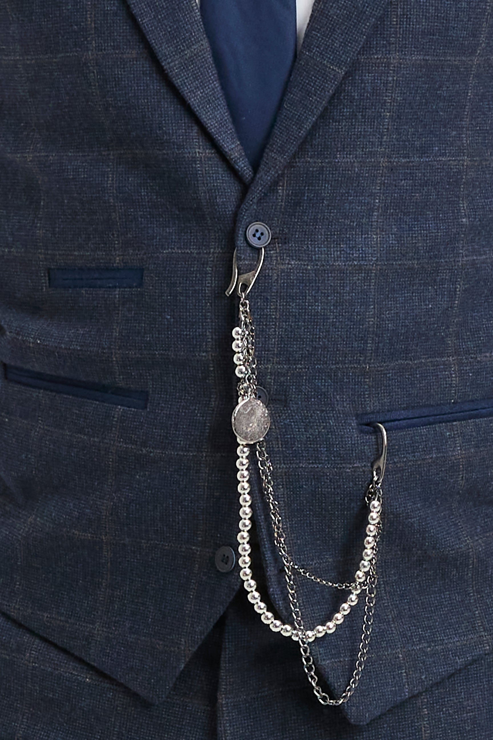 Ανδρικό κοστούμι 3 τεμαχίων από μάλλινο τουίντ, σκούρο μπλε, καφέ καρό, Gatsby της δεκαετίας του 1920