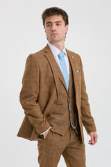 Ανδρικό κοστούμι 3 τεμαχίων από μάλλινο τουίντ, ψαροκόκαλο, καφέ, μπλε καρό, Gatsby της δεκαετίας του 1920