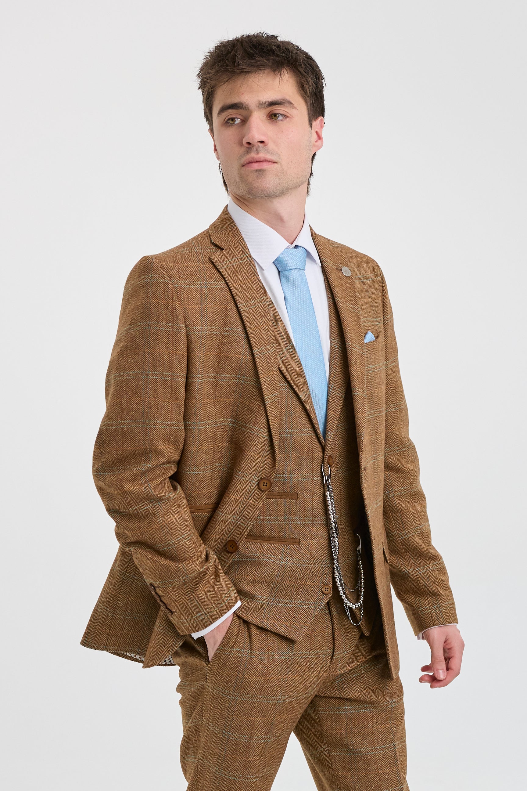 Ανδρικό κοστούμι 3 τεμαχίων από μάλλινο τουίντ, ψαροκόκαλο, καφέ, μπλε καρό, Gatsby της δεκαετίας του 1920