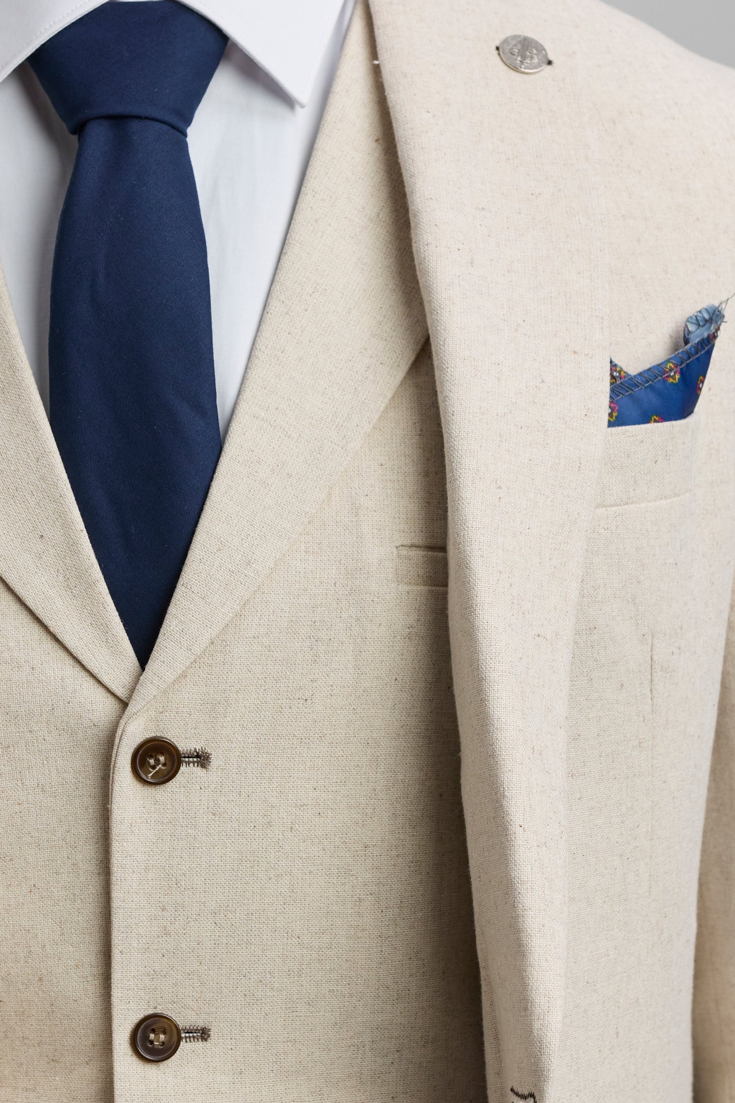 TP-21 Ανδρικό Μπεζ Κοστούμι Νυφικού 3 Τεμαχίων από Λινό Καλοκαιρινό