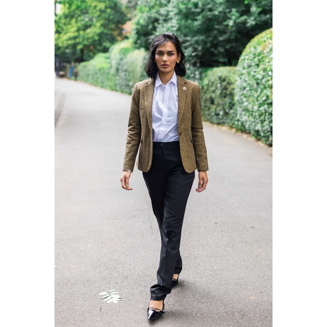TPW-20 - Γυναικείο Καφέ Μπλέιζερ από Μαλλί Dogtooth Tweed