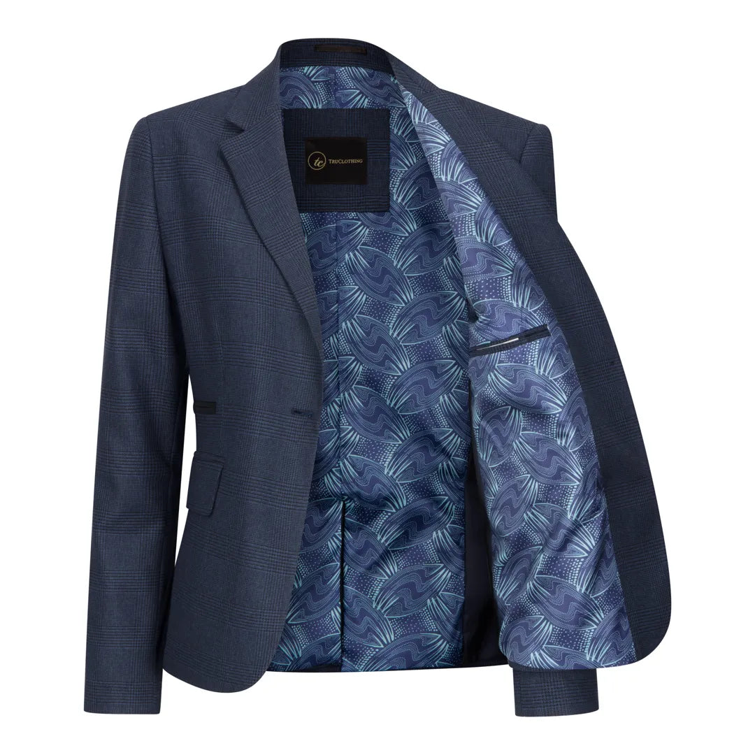 TPW52 - Γυναικείο καρό ολόσωμο κοστούμι Prince Of Wales σε μπλε χρώμα, 3 τεμάχια