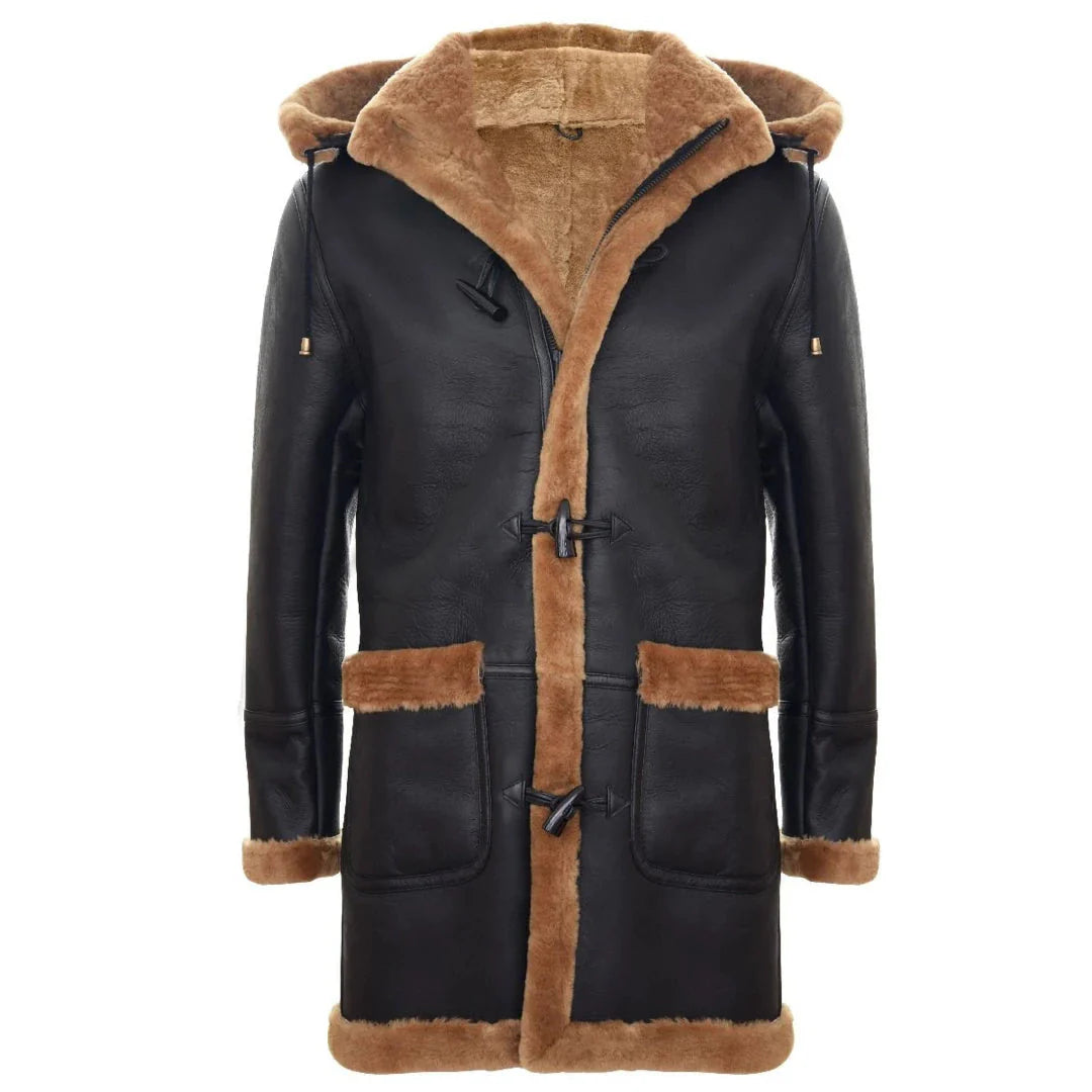 Ανδρικό παλτό Sheepskin Sheepskin, χειμώνας 3/4, με κουκούλα, καφέ-κόκκινο