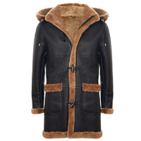 Ανδρικό παλτό Sheepskin Sheepskin, χειμώνας 3/4, με κουκούλα, καφέ-κόκκινο