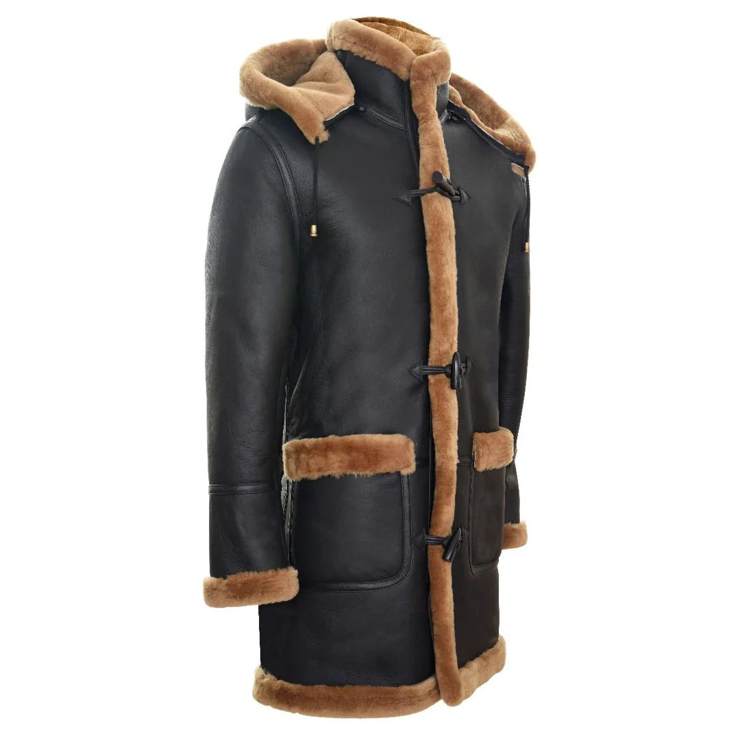 Ανδρικό παλτό Sheepskin Sheepskin, χειμώνας 3/4, με κουκούλα, καφέ-κόκκινο