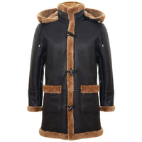 Ανδρικό παλτό Sheepskin Sheepskin, χειμώνας 3/4, με κουκούλα, καφέ-κόκκινο