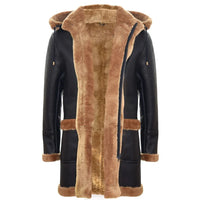 Ανδρικό παλτό Sheepskin Sheepskin, χειμώνας 3/4, με κουκούλα, καφέ-κόκκινο