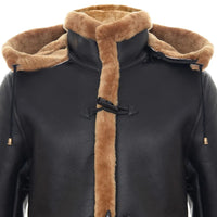Ανδρικό παλτό Sheepskin Sheepskin, χειμώνας 3/4, με κουκούλα, καφέ-κόκκινο