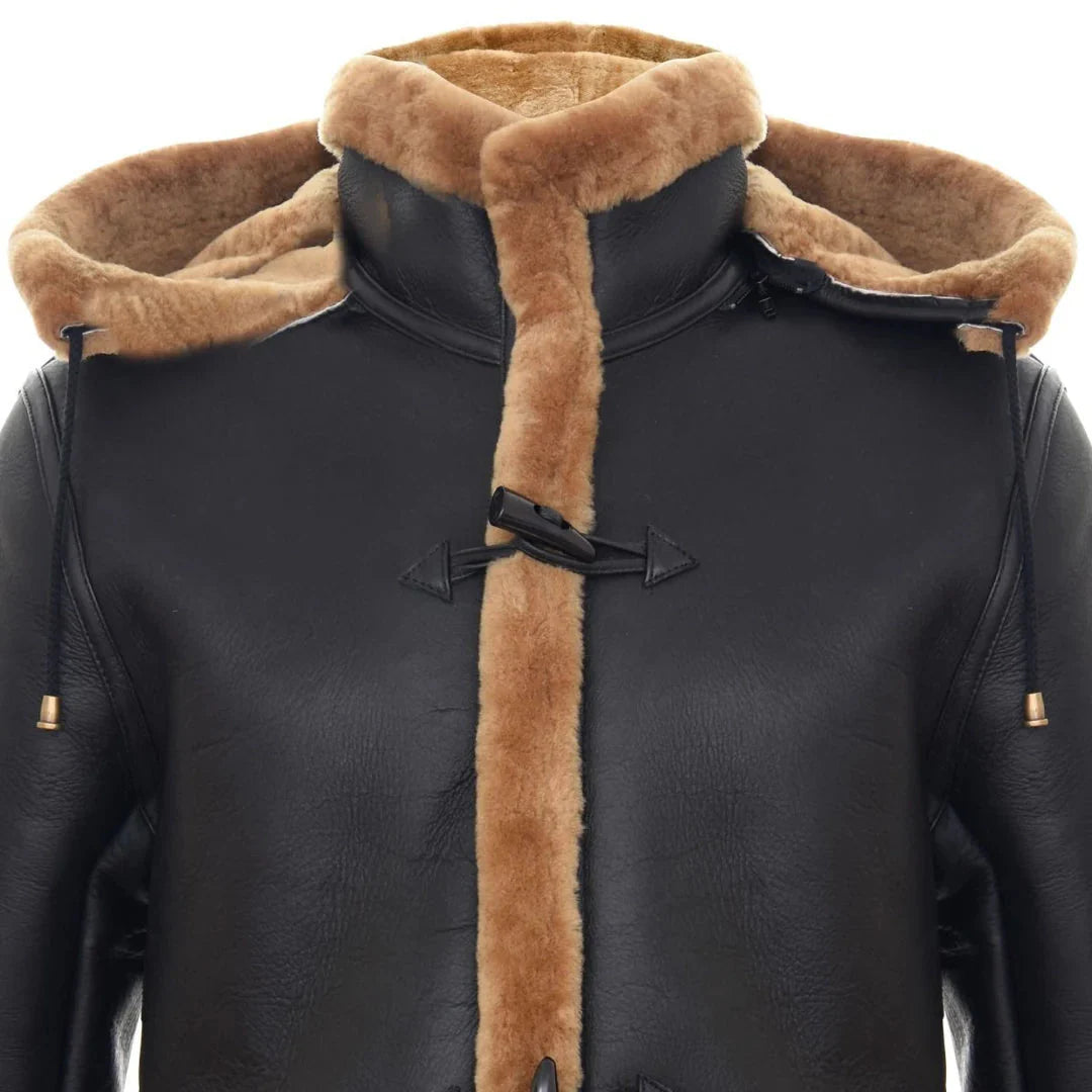 Ανδρικό παλτό Sheepskin Sheepskin, χειμώνας 3/4, με κουκούλα, καφέ-κόκκινο