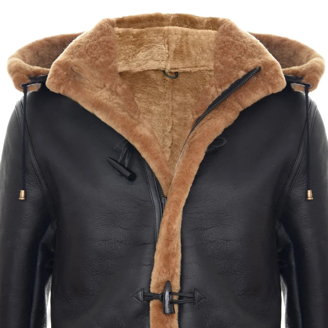 Ανδρικό παλτό Sheepskin Sheepskin, χειμώνας 3/4, με κουκούλα, καφέ-κόκκινο