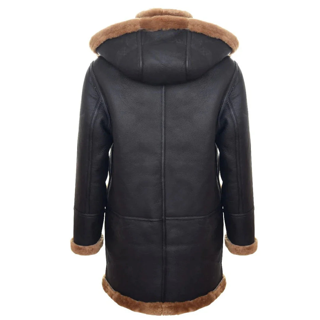 Ανδρικό παλτό Sheepskin Sheepskin, χειμώνας 3/4, με κουκούλα, καφέ-κόκκινο