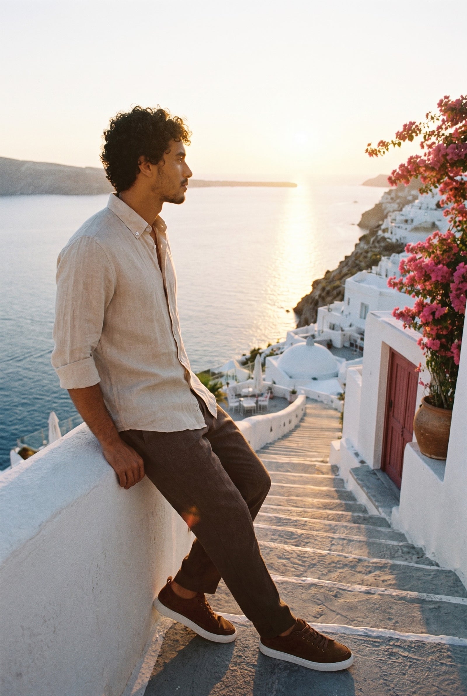 Look #874 styled with Ανδρικό καφέ παντελόνι με πλισέ κορδόνι από 100% λινό, σε χαλαρή ίσια γραμμή