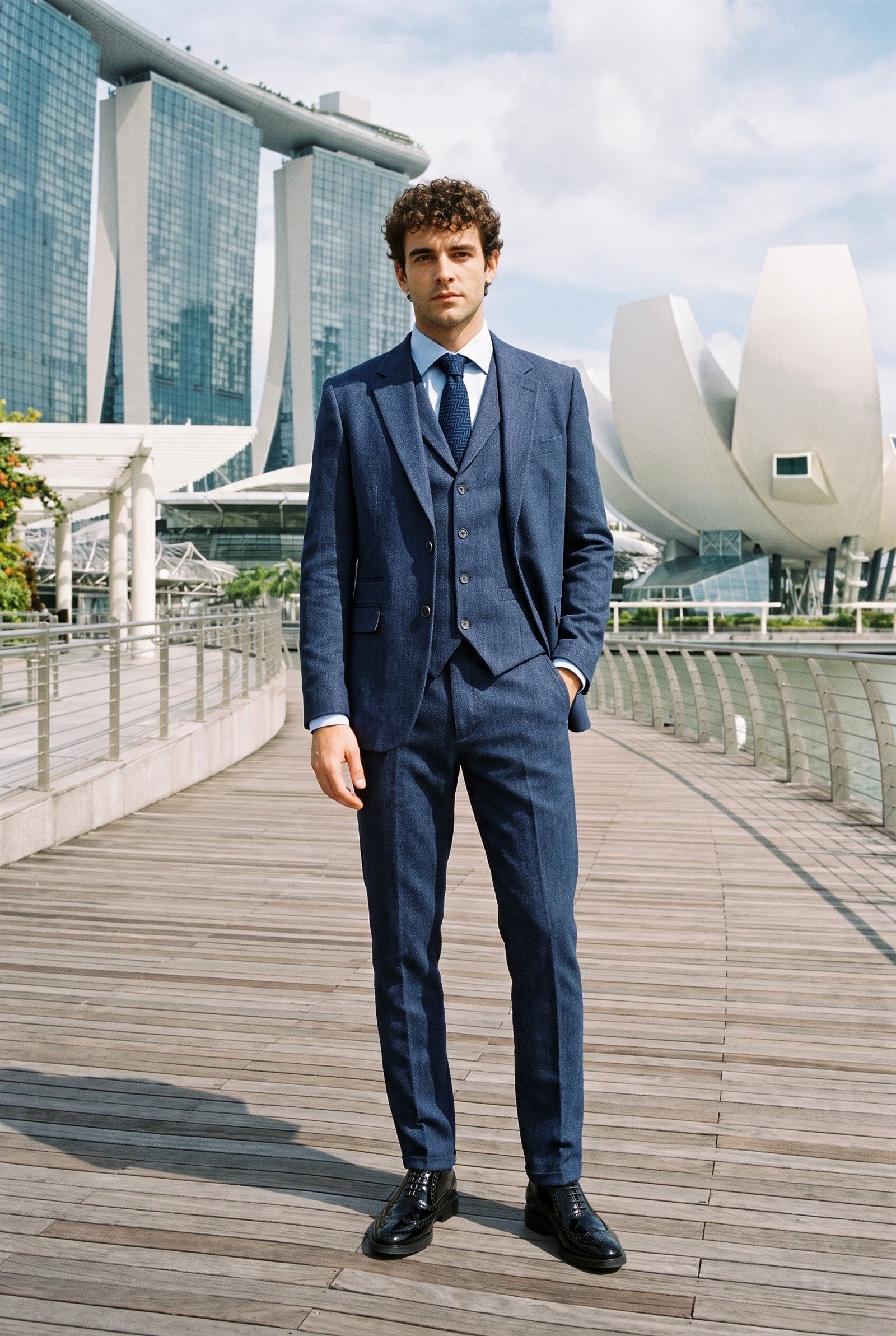 Look #989 styled with Ανδρικό κοστούμι 3 τεμαχίων από τουίντ σε μπλε-μπλέ χρώμα