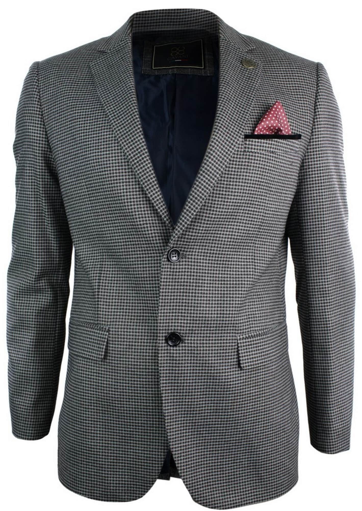 Ανδρικό Tweed Vintage Retro Καφέ Καρό Σακάκι με Μπλέιζερ στον Αγκώνα με Μαύρο Τελείωμα και Ραφές