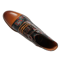 Adam - Ανδρικές Καφέ Δερμάτινες Μπότες Oxford με Φλοράλ Στάμπα και Νεκροκεφαλές