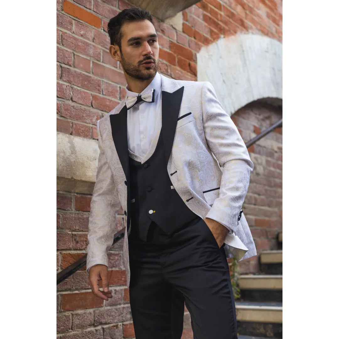 AK-29 - Ανδρικό Λευκό Κοστούμι Γάμου με Λαχούρια, 3 Τεμαχίων